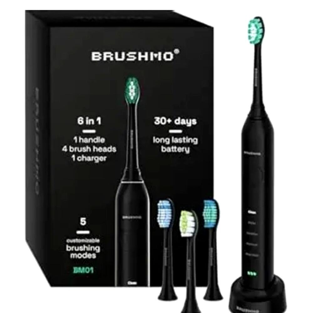 Brushmo BM01 Electric Sonic Toothbrush Black Rechargeable 4 Heads New Sealed
